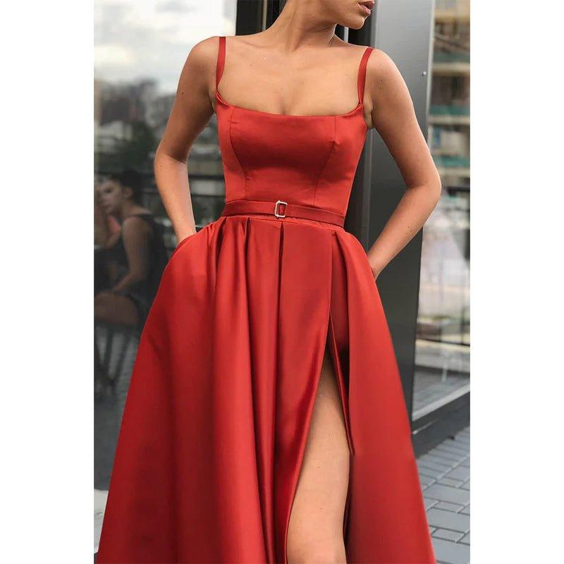 A-line Scoop Spaghetti Straps Red Satin High Split Long Prom Dress with Pockets
