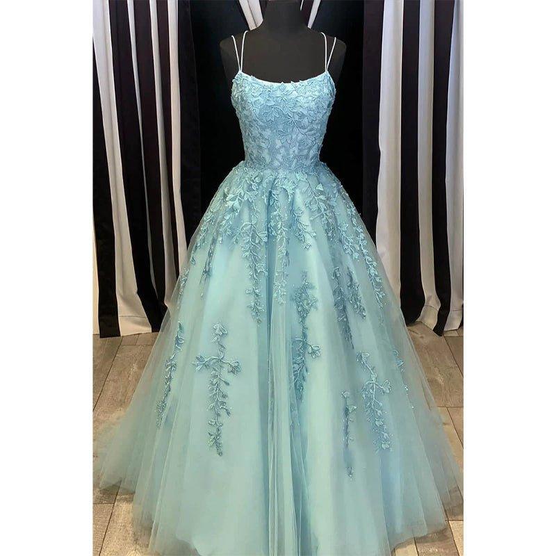 A-line Scoop Tulle Appliques Long Prom Dress