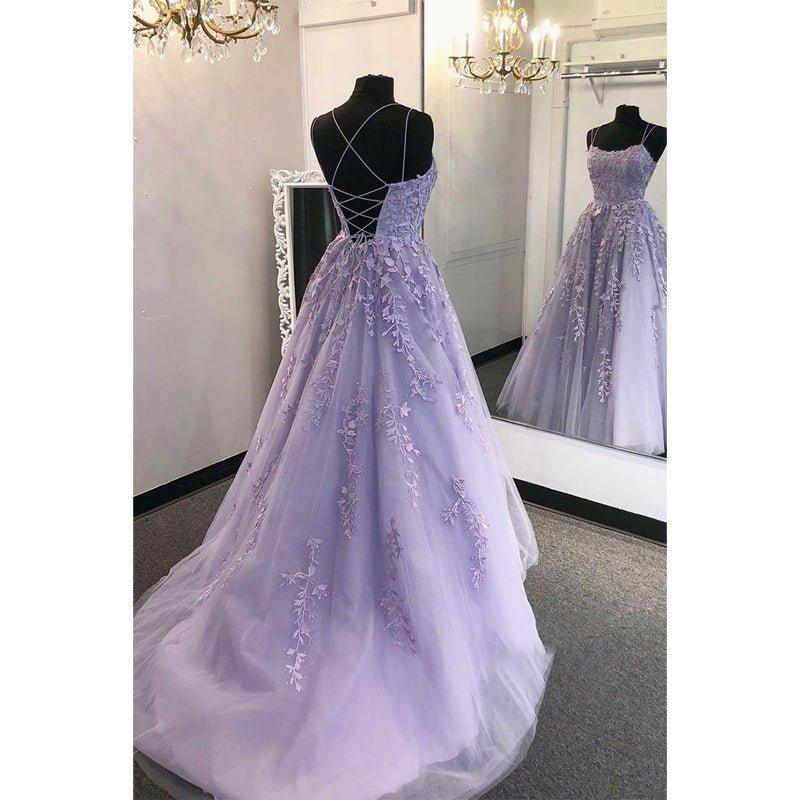 A-line Scoop Tulle Appliques Long Prom Dress