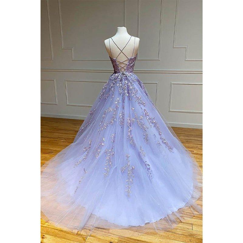 A-line Scoop Tulle Appliques Long Prom Dress