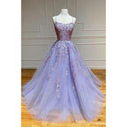 A-line Scoop Tulle Appliques Long Prom Dress