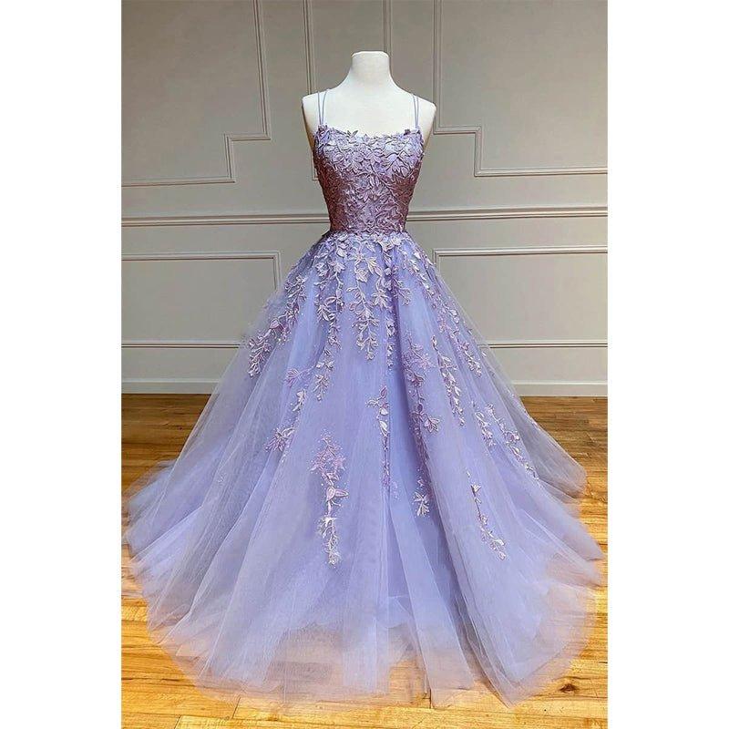 A-line Scoop Tulle Appliques Long Prom Dress