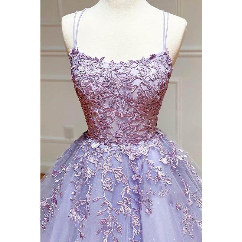 A-line Scoop Tulle Appliques Long Prom Dress