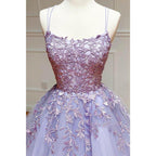 A-line Scoop Tulle Appliques Long Prom Dress