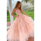 A-line Scoop Tulle Appliques Long Prom Dress
