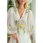 A Line Sexy Deep V Neck Appliques Long Sleeves Elegant Prom Party Dress with Slit