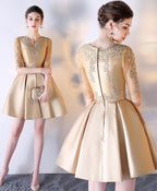 A-line Short Sleeves Lace Satin Short Prom Dress Homecoming Dress