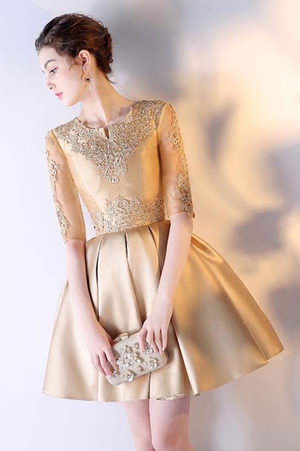 A-line Short Sleeves Lace Satin Short Prom Dress Homecoming Dress