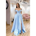 A-line Sky Blue Satin Off-the-shoulder High Split Long Prom Dress with Pockets