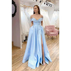 A-line Sky Blue Satin Off-the-shoulder High Split Long Prom Dress with Pockets