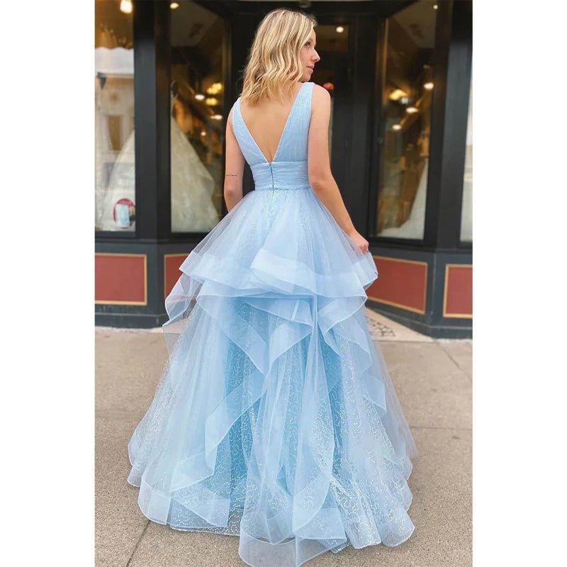 A-line Sky Blue Tulle V-neck Sparkle Prom Dress Pageant Dress