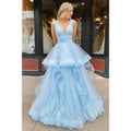 A-line Sky Blue Tulle V-neck Sparkle Prom Dress Pageant Dress