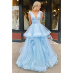 A-line Sky Blue Tulle V-neck Sparkle Prom Dress Pageant Dress