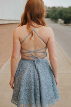 A-Line Spaghetti Straps Backless Above-Knee Lace Homecoming Dress