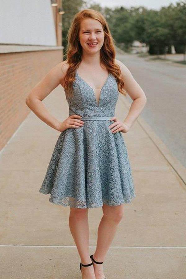 A-Line Spaghetti Straps Backless Above-Knee Lace Homecoming Dress