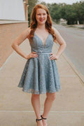 A-Line Spaghetti Straps Backless Above-Knee Lace Homecoming Dress