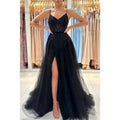 A Line Spaghetti Straps Beads Side Slit Black Long Prom Formal Dress