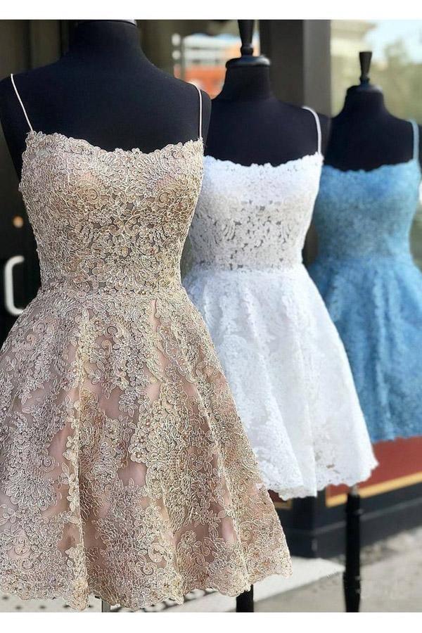 A Line Spaghetti Straps Cross Back Lace Short Prom Dresses