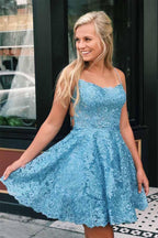 A Line Spaghetti Straps Cross Back Lace Short Prom Dresses