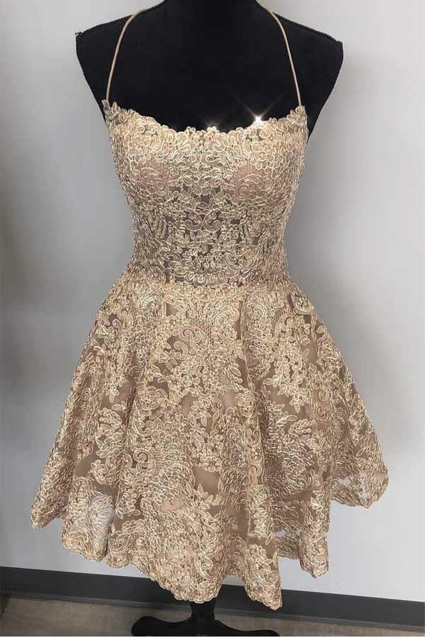 A Line Spaghetti Straps Cross Back Lace Short Prom Dresses