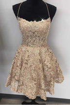A Line Spaghetti Straps Cross Back Lace Short Prom Dresses