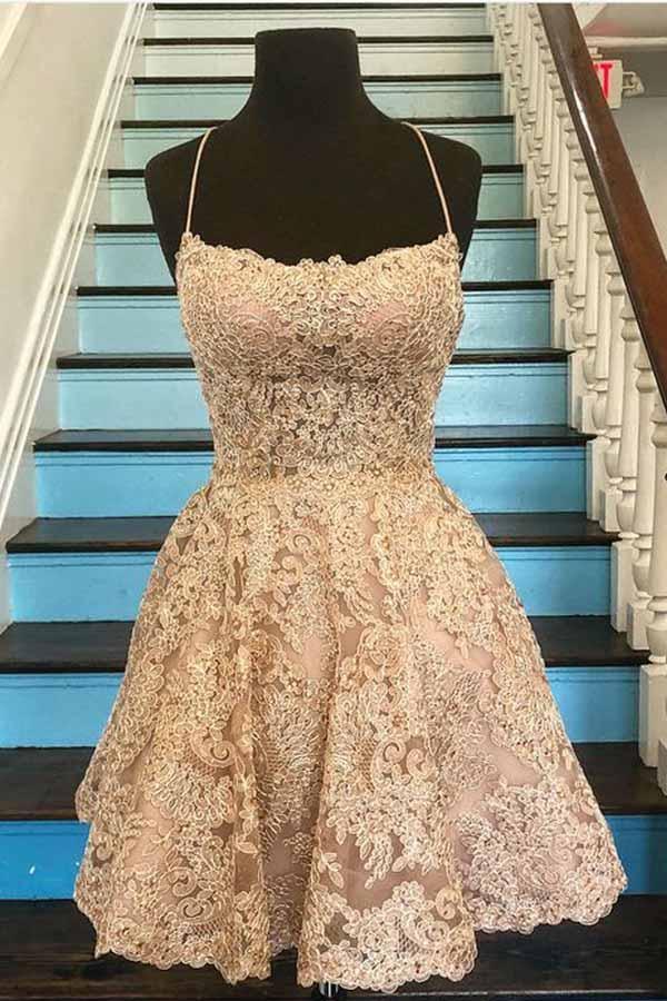 A Line Spaghetti Straps Cross Back Lace Short Prom Dresses