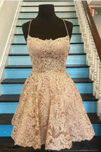 A Line Spaghetti Straps Cross Back Lace Short Prom Dresses