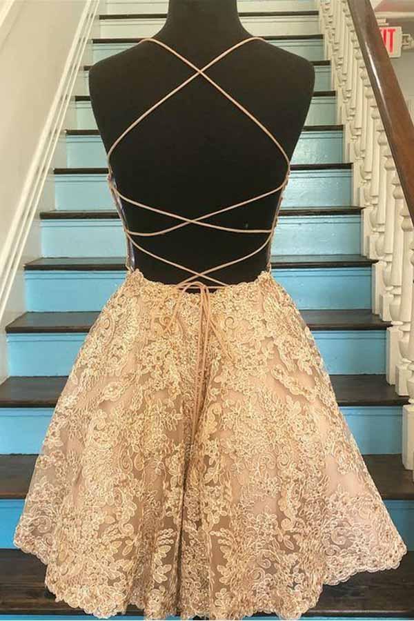 A Line Spaghetti Straps Cross Back Lace Short Prom Dresses