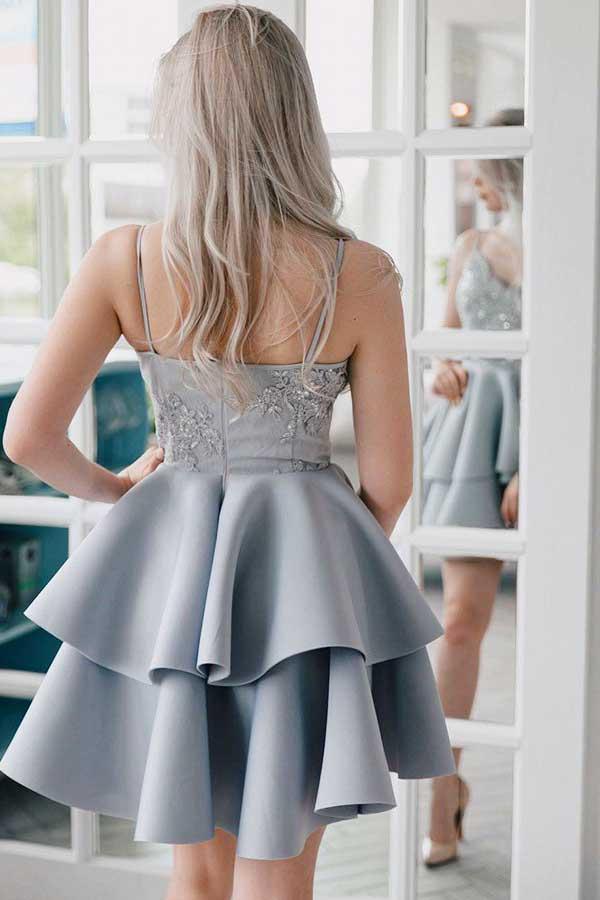 A-Line Spaghetti Straps Satin Homecoming Dress with Appliques