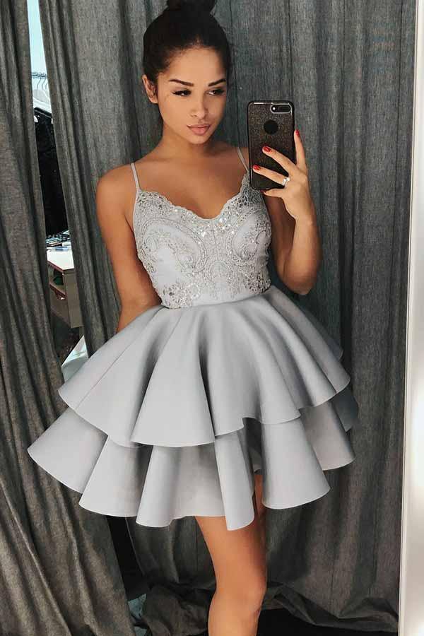 A-Line Spaghetti Straps Satin Homecoming Dress with Lace Beading