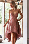 A-Line Spaghetti Straps High Low Blush Lace Homecoming Dress