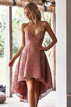 A-Line Spaghetti Straps High Low Blush Lace Homecoming Dress