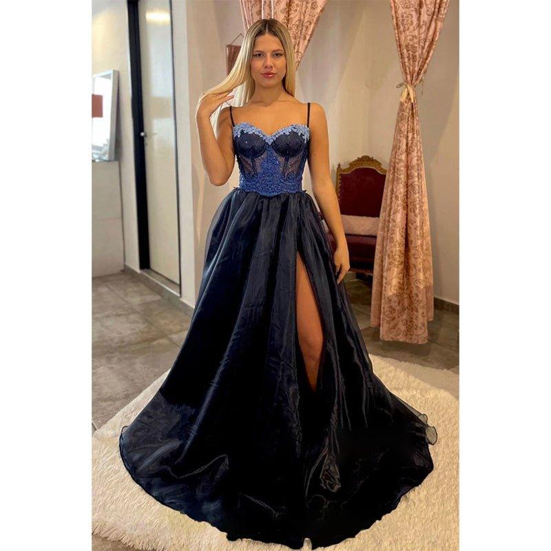 A-line Spaghetti Straps Lace Appliques Sparkly Prom Dress Long