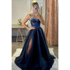 A-line Spaghetti Straps Lace Appliques Sparkly Prom Dress Long