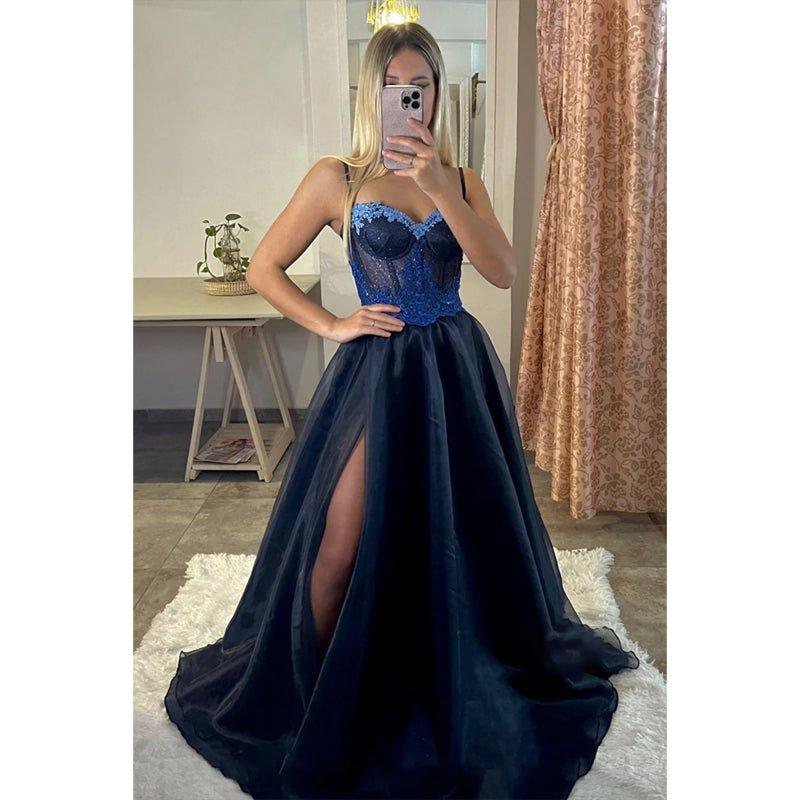 A-line Spaghetti Straps Lace Appliques Sparkly Prom Dress Long