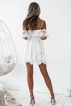 A-Line Spaghetti Straps Short White Lace Homecoming Dress with Ruffles
