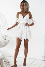 A-Line Spaghetti Straps Short White Lace Homecoming Dress with Ruffles