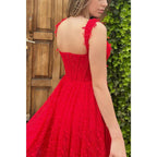 A-line Spaghetti Straps Side Slit Red Lace Formal Evening Dress