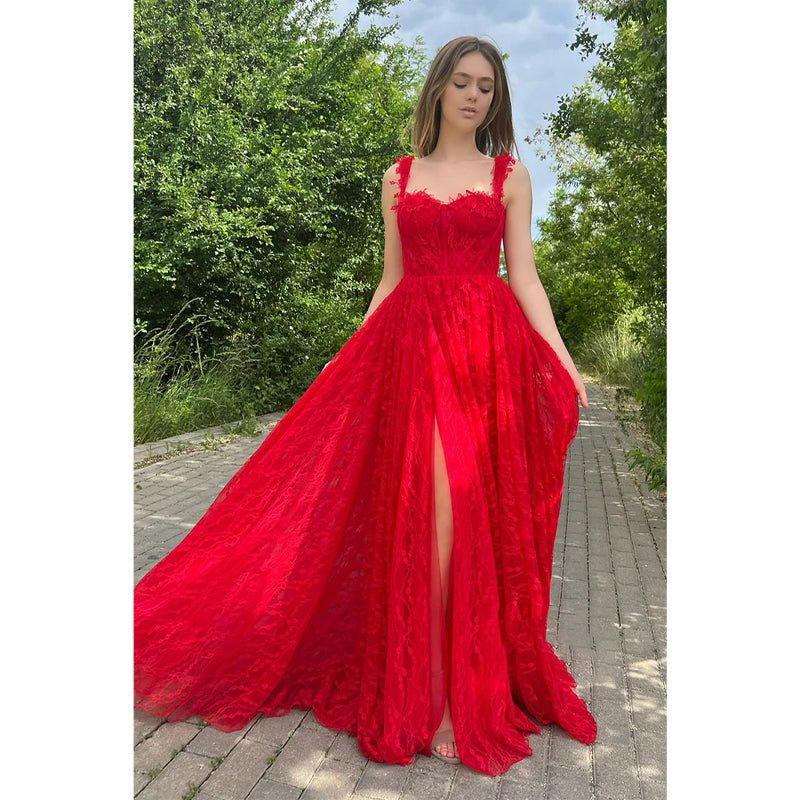 A-line Spaghetti Straps Side Slit Red Lace Formal Evening Dress