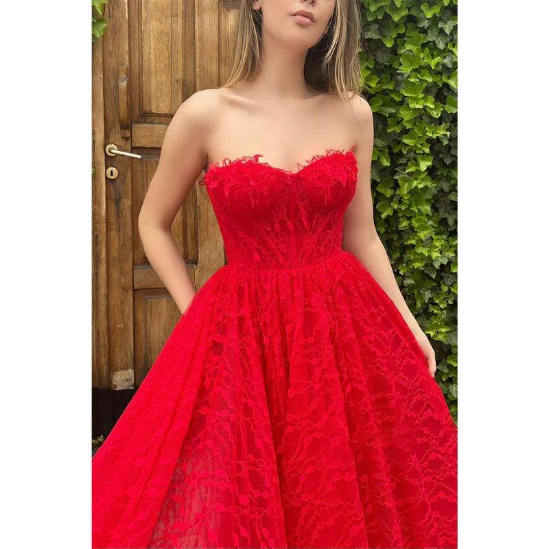 A-line Spaghetti Straps Side Slit Red Lace Formal Evening Dress