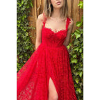 A-line Spaghetti Straps Side Slit Red Lace Formal Evening Dress