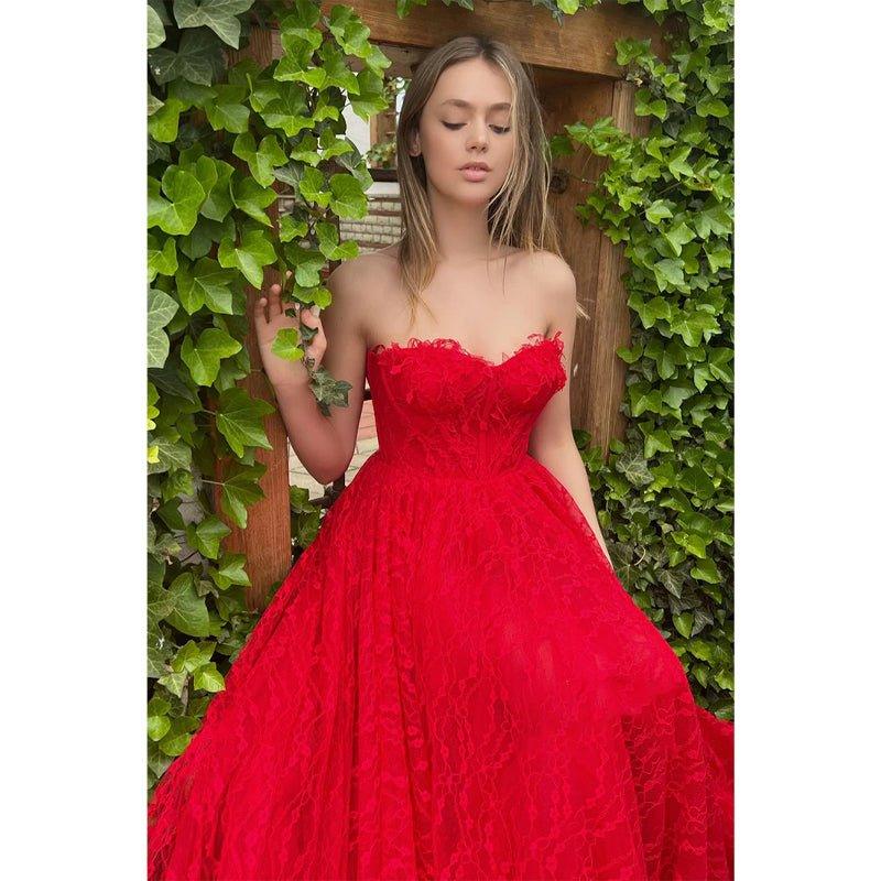 A-line Spaghetti Straps Side Slit Red Lace Formal Evening Dress
