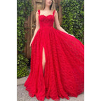 A-line Spaghetti Straps Side Slit Red Lace Formal Evening Dress