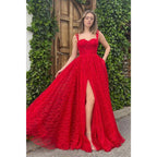 A-line Spaghetti Straps Side Slit Red Lace Formal Evening Dress
