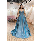A-line Spaghetti Straps Sparkle Tulle Long Prom Dress with Pockest