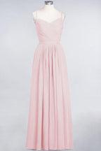 A-Line Spaghetti-Straps Sweetheart Sleeveless Bridesmaid Dress Ruffles Chiffon Evening Maxi Gown