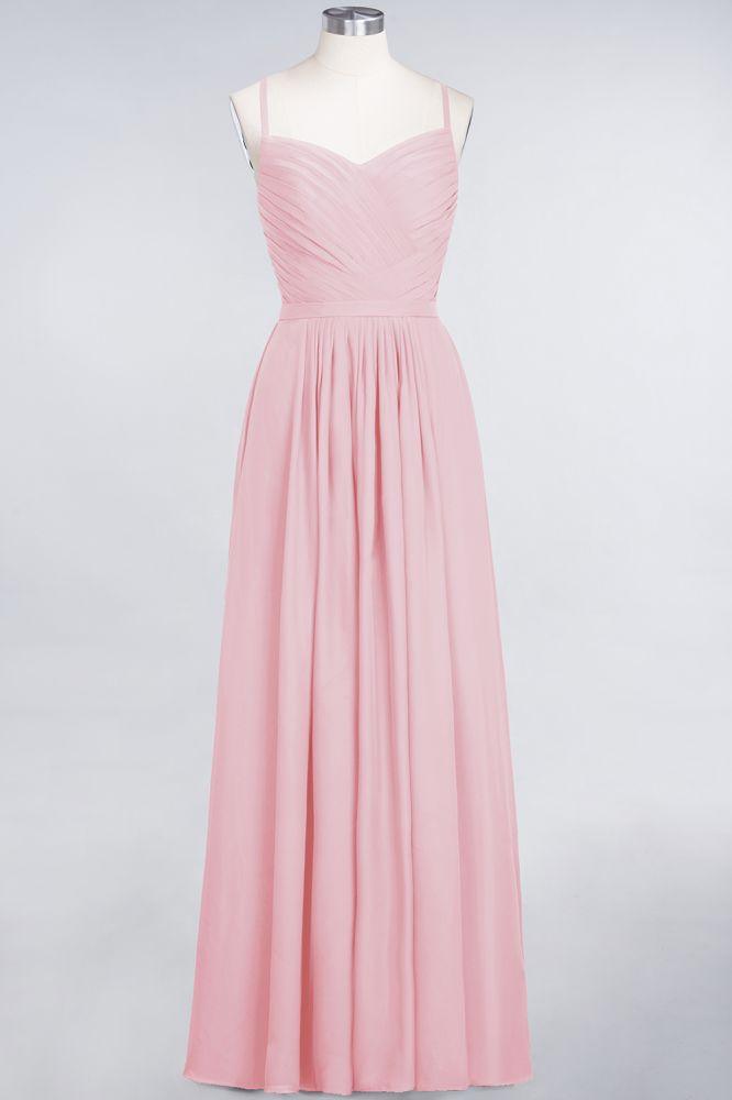 A-Line Spaghetti-Straps Sweetheart Sleeveless Bridesmaid Dress Ruffles Chiffon Evening Maxi Gown