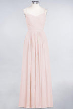 A-Line Spaghetti-Straps Sweetheart Sleeveless Bridesmaid Dress Ruffles Chiffon Evening Maxi Gown