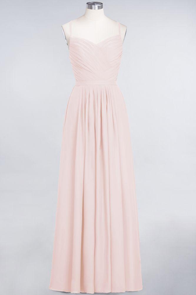 A-Line Spaghetti-Straps Sweetheart Sleeveless Bridesmaid Dress Ruffles Chiffon Evening Maxi Gown