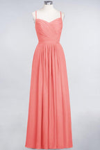 A-Line Spaghetti-Straps Sweetheart Sleeveless Bridesmaid Dress Ruffles Chiffon Evening Maxi Gown